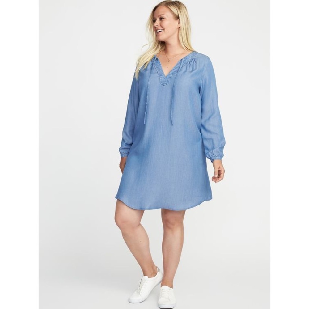 Chambray Tie Neck Shift Dress